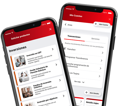 Dos celulares con pantallas del App Davivienda Fondo Voluntario de Pensión Dafuturo