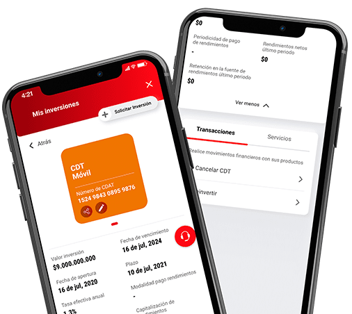 Dos celulares con pantallas del App Davivienda