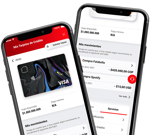 Dos celulares con pantallas del App Davivienda Compra de Cartera con Tarjeta de Crédito