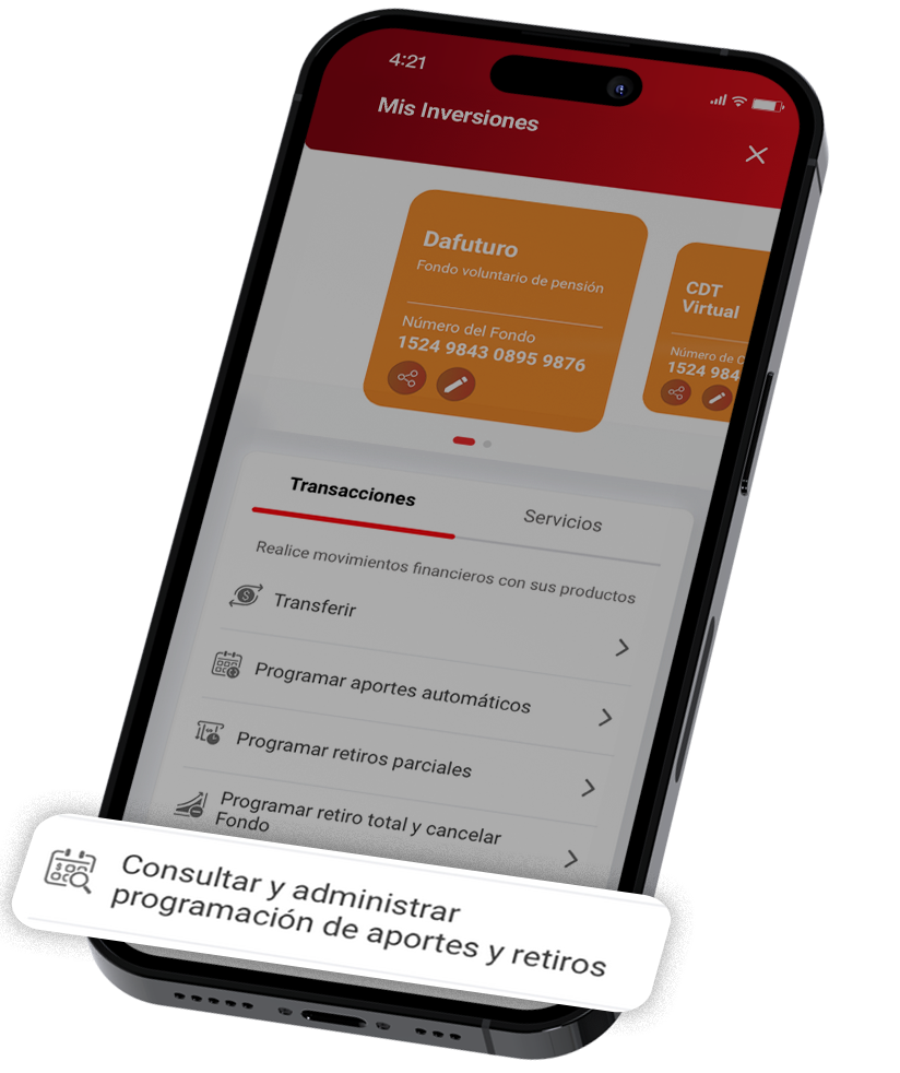 Seleccione «Programar retiro total o cancelación», diligencia los datos y elija la cuenta a la que enviará el dinero.