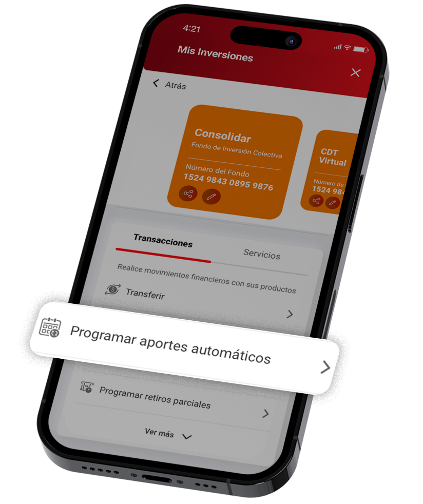 Seleccione «Programar retiro total o cancelación», diligencia los datos y elija la cuenta a la que enviará el dinero.