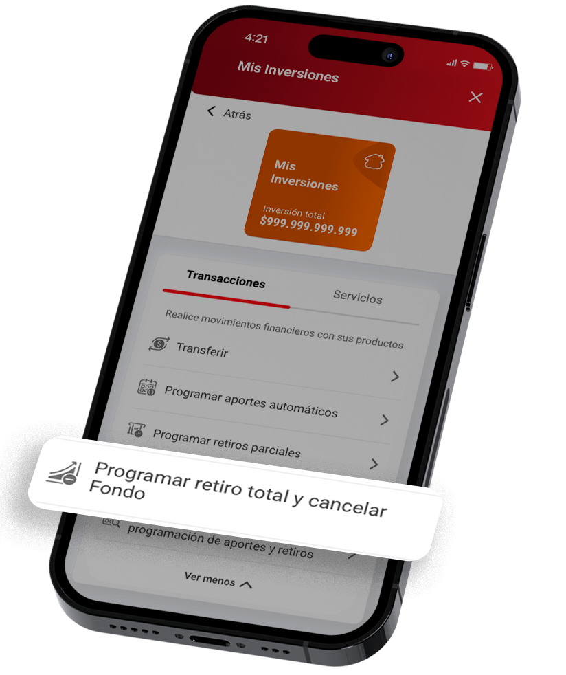 Seleccione «Programar retiro total o cancelación», diligencia los datos y elija la cuenta a la que enviará el dinero.